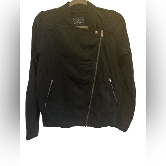 American Eagle moto asymmetrical bomber jacket small black 100% Lyocell - Picture 1 of 7